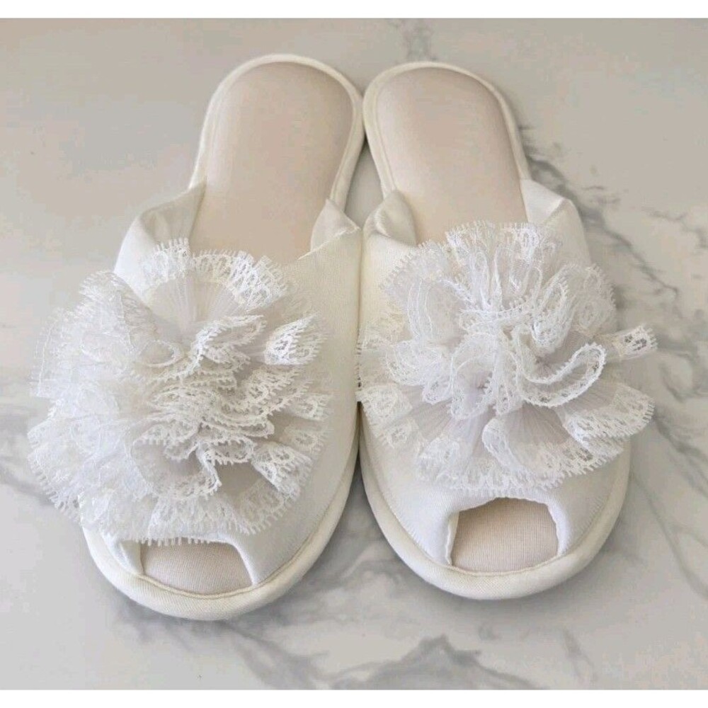 Vintage Madyes Ladies Washable Lace Floral Slippers size L 8-9 White - Picture 4 of 6